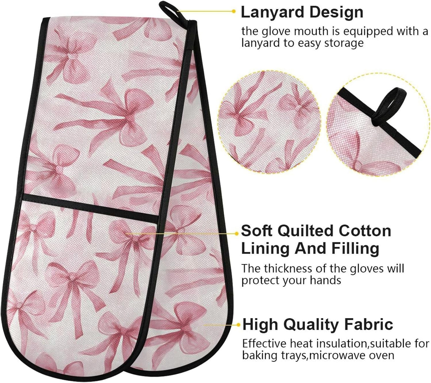 SUABO Double Oven Mitts for Handling Hot Pots 35"x7", Watercolor Pink Bow Heat Resistant Potholder for Kitchen Cooking Backing