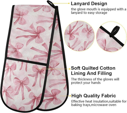 SUABO Double Oven Mitts for Handling Hot Pots 35"x7", Watercolor Pink Bow Heat Resistant Potholder for Kitchen Cooking Backing