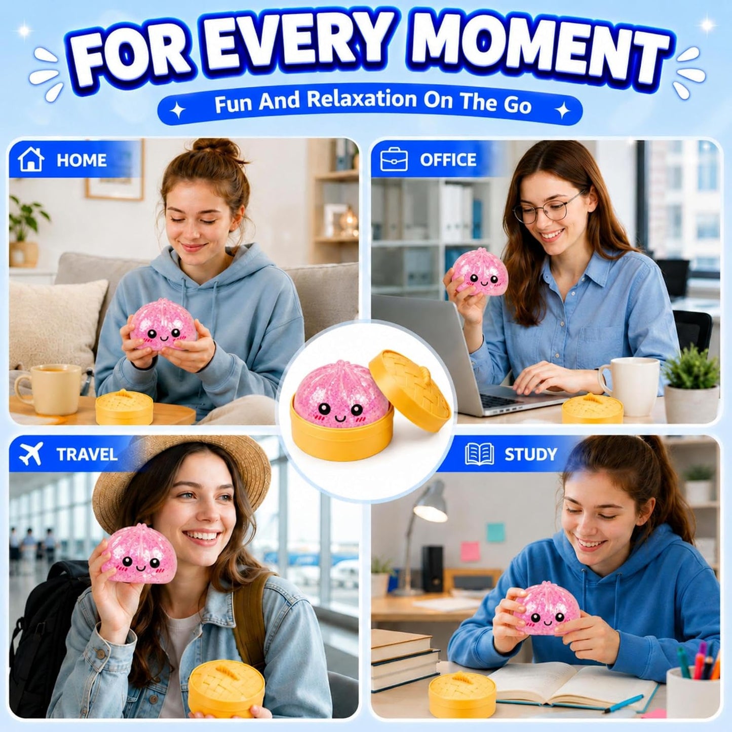 Mystery Sparkly Pink Dumpling Squishies with Steamer Box, Soft Stretchy Bao Bun Stress Relief Balls, Sensory Fidget Squeeze Toys for Anxiety Relief, Decompression Desk Toys