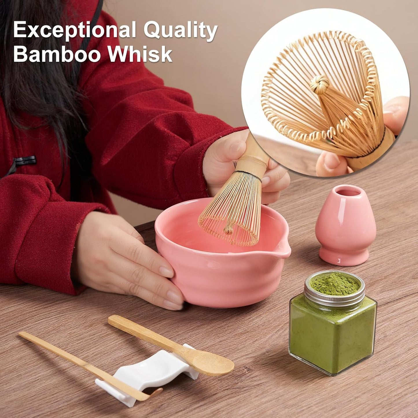 YOLIFE Matcha Whisk Set, PinK Matcha Set, Ceramic Matcha Bowl and Whisk (Chasen), Holder, Sifter, Bamboo Scoop, Spoon & Spoon Rest, 7 Pcs Matcha Kit for Matcha Tea Ceremony