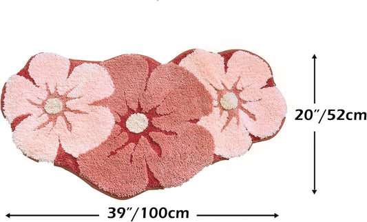 Cute Curved Bathroom Rug Mat, Pink Microfiber Fun Flower Shape Corner Rug Half Round Bath Mat for Bathroom Non Slip Soft Kids Shower Rug Water Absorbent Floor Camber Door Mat for Indoor Bathtub Décor