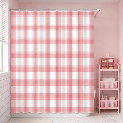Pink Plaid Shower Curtain Checkered Geometric Buffalo Check Rustic Farmhouse Fabric Bathroom Decor(72''Wx72''L)