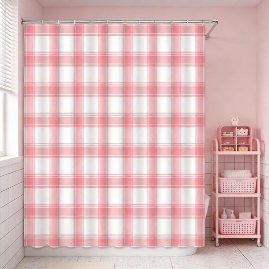 Pink Plaid Shower Curtain Checkered Geometric Buffalo Check Rustic Farmhouse Fabric Bathroom Decor(72''Wx72''L)