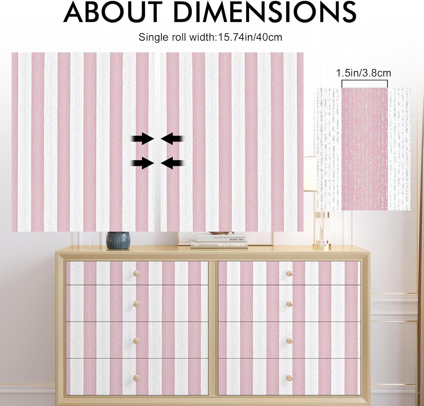 Pink Stripe Peel and Stick Wallpaper 15.7" x 118" Pink and White Self-Adhesive Wallpaper Removable Waterproof Contact Paper for Cabinets,Bedroom,Nursery,Accent Wall