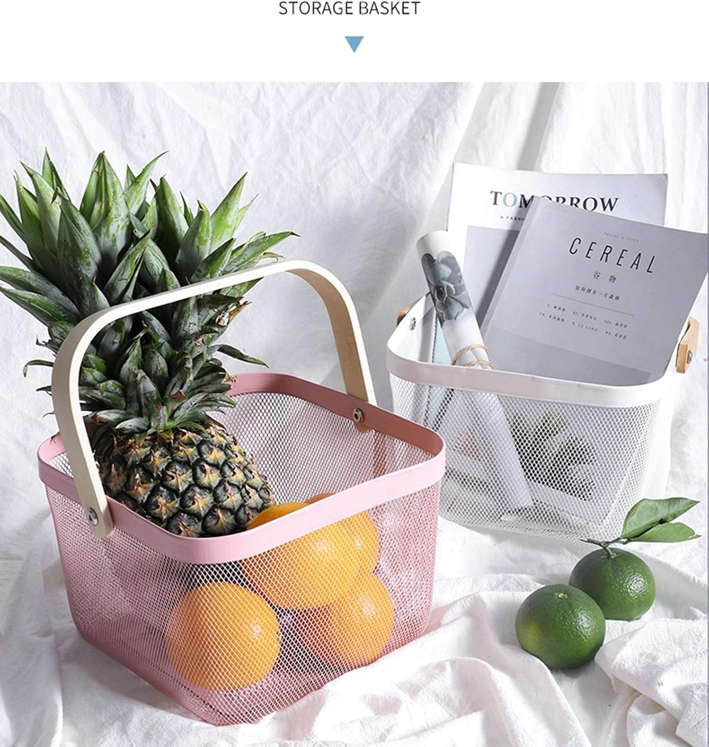 AJIODA Metal Mesh Steel Basket, Storage Organizer Basket Multi-functional Hanging Kitchen Baskets Fruit Basket Bin with Bamboo Handle for Kitchen Bathroom Picnic Shopping Decor Cabinet Home, Pink