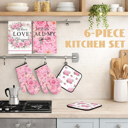 Pink Floral Kitchen Towel and Oven Mitt Set, 6 Piece Rose Floral Farmhouse Kitchen Accessories, Waterproof Heat Resistant Decor for Women