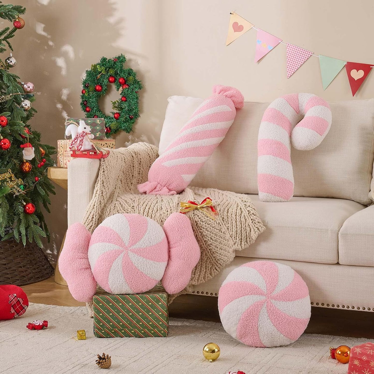 Lanpn Christmas Candy Cane Pillows Set of 2, Christmas Decoration Winter Throw Pillow Soft Fleece Long Lumbar Candycane Lollipop Peppermint Cushion for Sofa Xmas Decor (22x12 inch, Pink)
