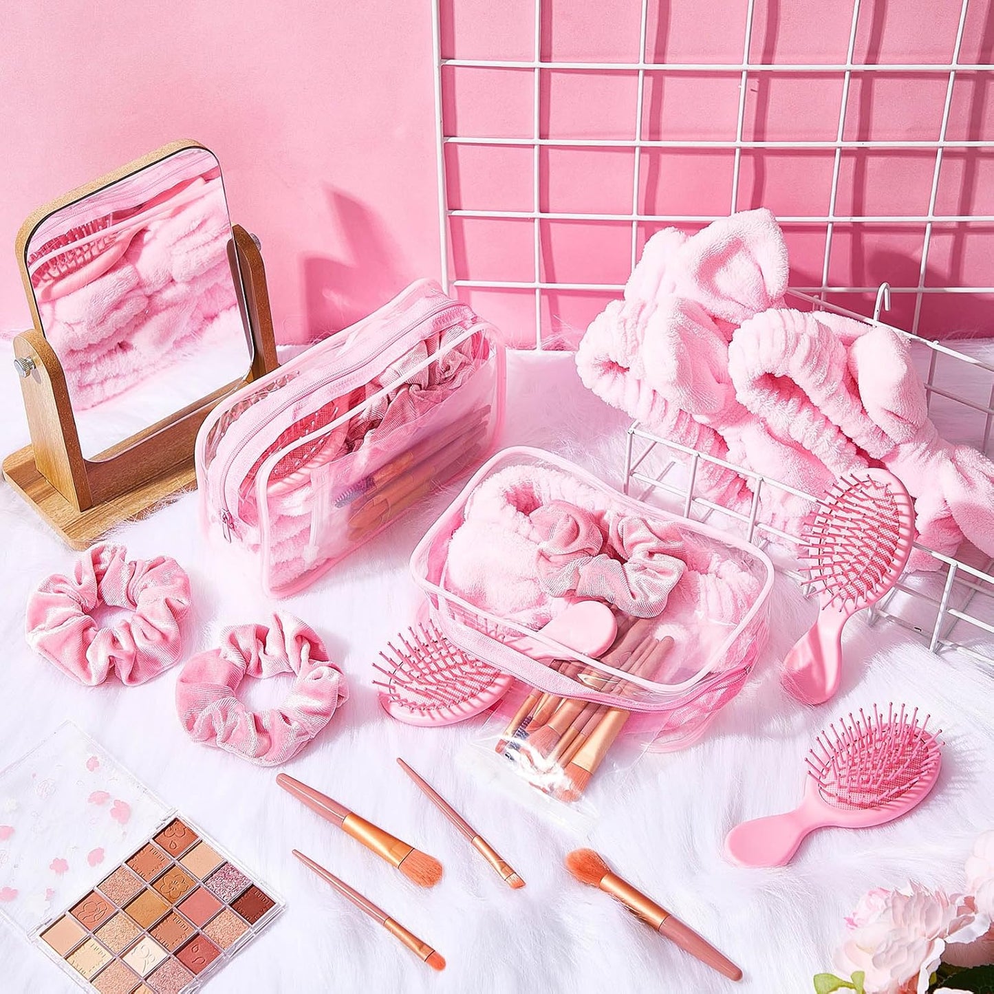 Daifunli 6 Set Pink Spa Party Favors for Women Travel Makeup Brush Bag Mini Hair Brushes Headband Scrunchies for Sleepover Bachelorette Wedding Bridal Shower Party Supplies Bridesmaid Gifts