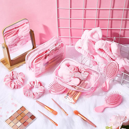 Daifunli 6 Set Pink Spa Party Favors for Women Travel Makeup Brush Bag Mini Hair Brushes Headband Scrunchies for Sleepover Bachelorette Wedding Bridal Shower Party Supplies Bridesmaid Gifts