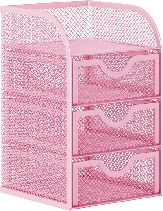 EasyPAG Mesh Desk Organizer with 3 Drawer Office Desktop Organizers and Accessories Stationery Caddy for Office, Home, Students, Pink