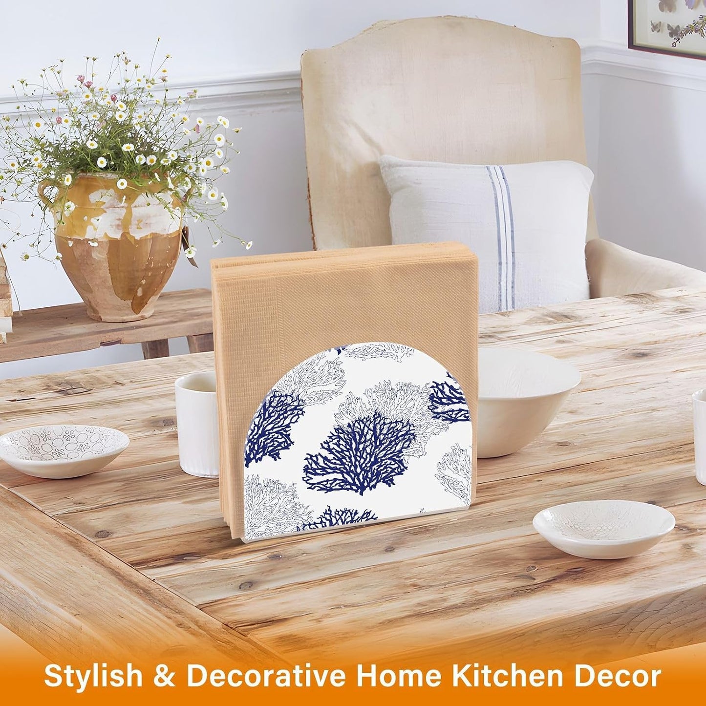 Coral Patterned Navy Blue Gray White Napkin Holder for Table Acrylic Cocktail Napkin Holders Decorative Tissue Dispenser Vertical Napkin Holder for Home Decor Kitchen Dining, 2 PC