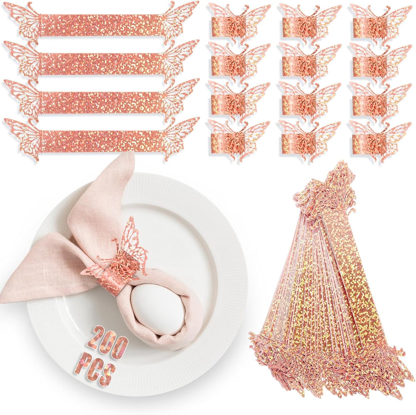 Patelai 200 Pcs Rose Gold Butterfly Napkin Rings Sequined 3D Butterfly Paper Napkin Holders for Dinners Tables Wedding Anniversary Party Decor Baby Bridal Shower Banquet Supply