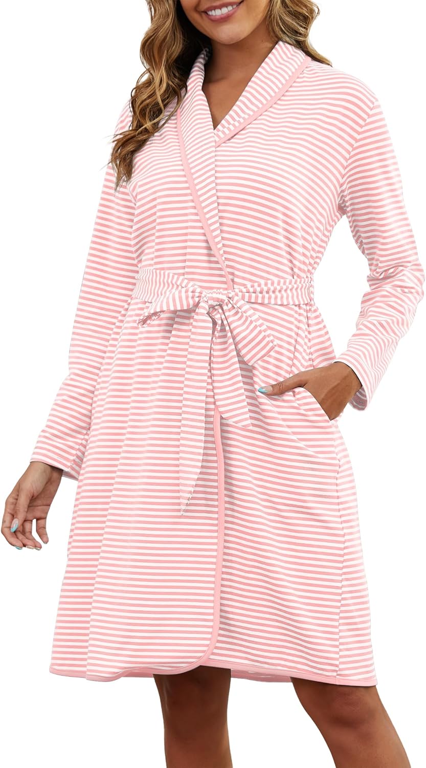 VibeVista Soft Cotton Robes for Women Striped Long Sleeve Kimono Bathrobe House Coats Bath Robe Loungewear with Pockets