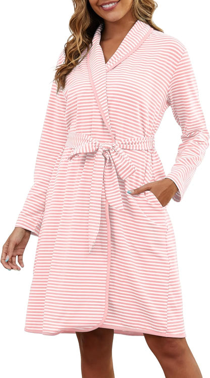 VibeVista Soft Cotton Robes for Women Striped Long Sleeve Kimono Bathrobe House Coats Bath Robe Loungewear with Pockets