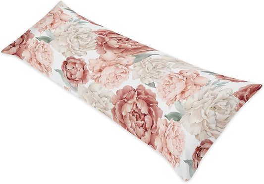 Sweet Jojo Designs Blush Pink Boho Shabby Chic Floral Girl Body Pillow Case Cover - Off White Ivory Cream Bohemian Vintage Garden Watercolor Flower Nature Elegant Colorful Pastel Light Dusty Rose