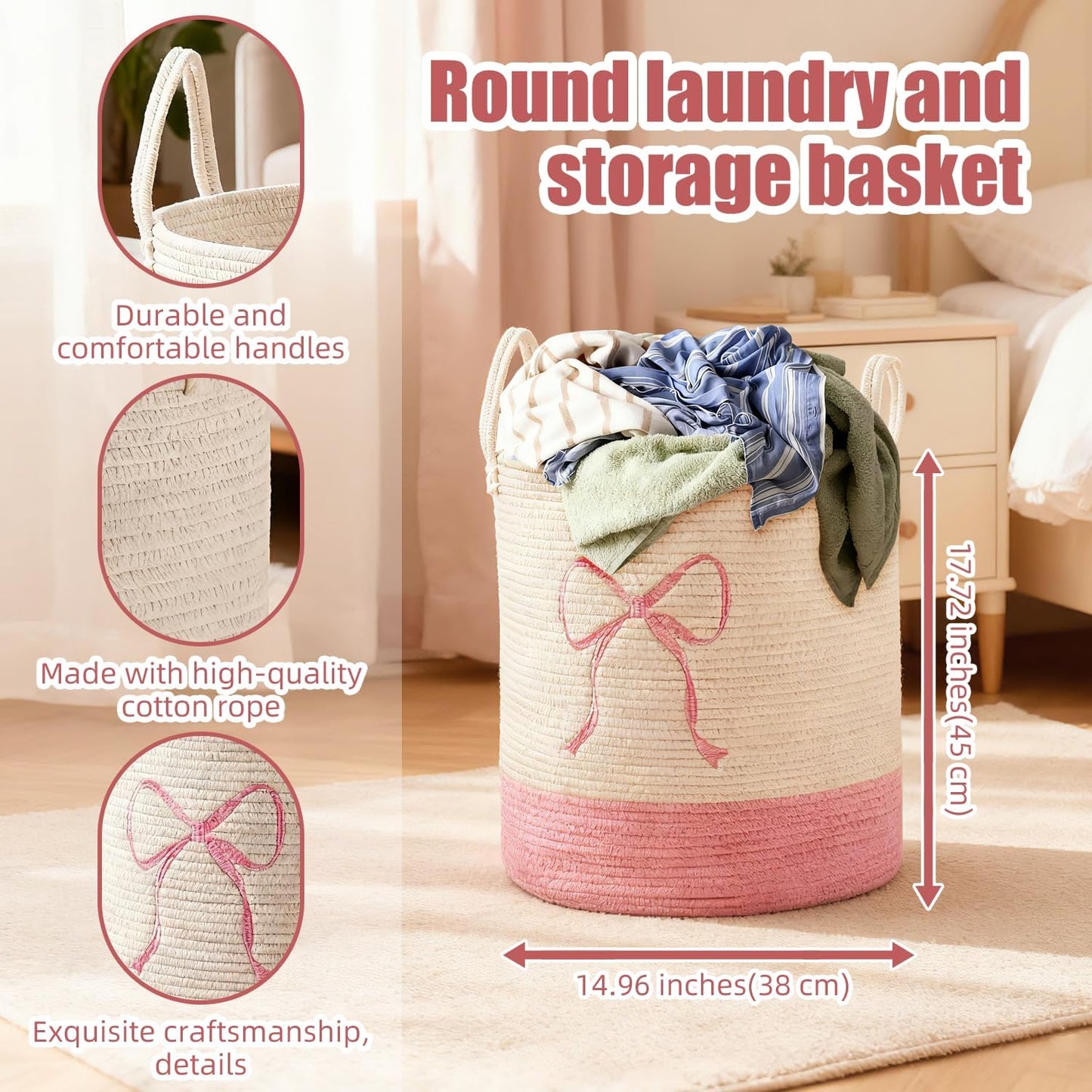 Pink Laundry Basket with Bow, Coquette Bow Laundry Basket - Tall Cotton Rope Nursery Storage Bin, Large Organizer for Blankets, for Kids, Toys & Clothes for Bedroom & Bathroom (Round-50L)