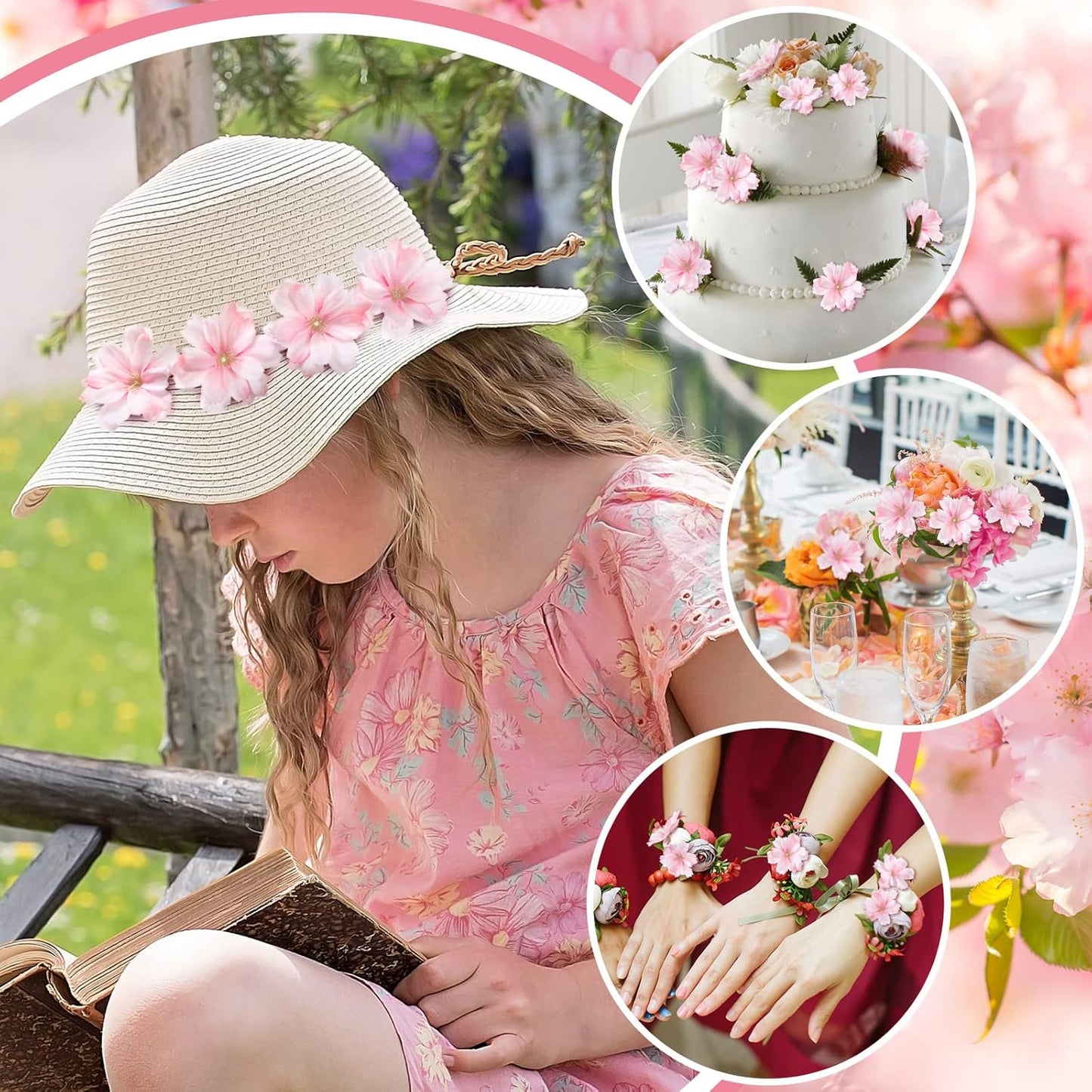 WILLBOND 100 Pieces Mini Faux Flower Heads Cherry Blossom Flowers for Crafts Artificial Silk Plum Blossom Heads for Graduation Cap Home Room Wedding Party Marriage Car Hats, 1.8 Inch (Pink)