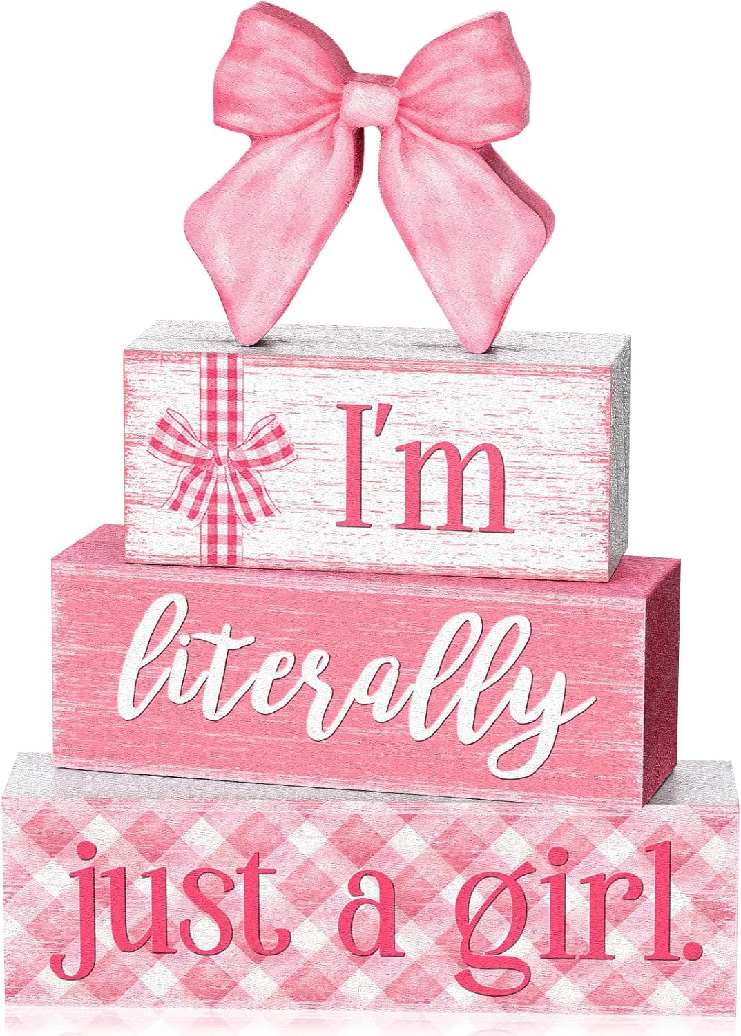 Yousoontic 4 Pcs Pink Decorations Bow Wooden Table Decor Coquette Tiered Tray Signs Girly Rustic Farmhouse Centerpiece for Holiday Tabletop Bedroom Decor for Home Desk Room