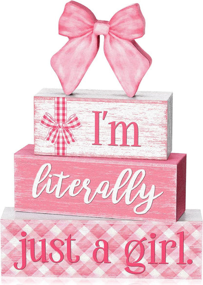 Yousoontic 4 Pcs Pink Decorations Bow Wooden Table Decor Coquette Tiered Tray Signs Girly Rustic Farmhouse Centerpiece for Holiday Tabletop Bedroom Decor for Home Desk Room
