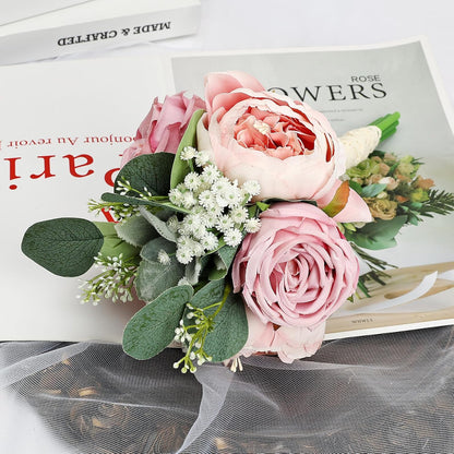 Set of 6 Dusty Pink Peonies & Rose Bridesmaid Bouquets for Wedding Marriage Proposal Bridal Shower Decorations
