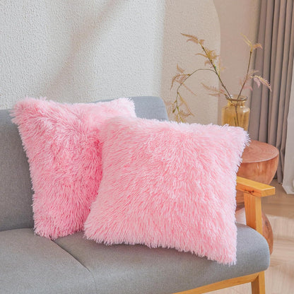 Pink Fluffy Faux Fur Throw Pillow Covers 18"x18", Shaggy Plush Fuzzy Furry Decorative Pillowcase Set for Sofa, Bedroom, or Living Room