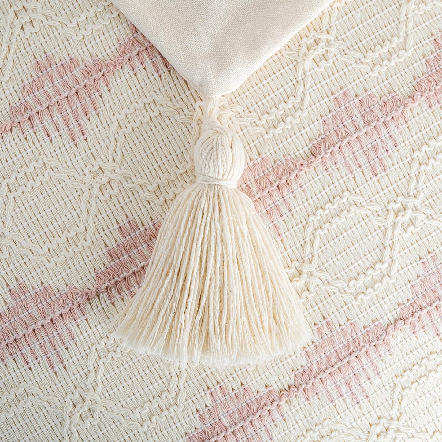 Fancy Homi Set of 2 Boho Pink Decorative Throw Pillow Cover 18x18 Inch for Couch Bed Sofa, Aesthetic Modern Organic Farmhouse Home Decor, Soft Cotton Accent Macrame Woven Cushion Case with Tassels