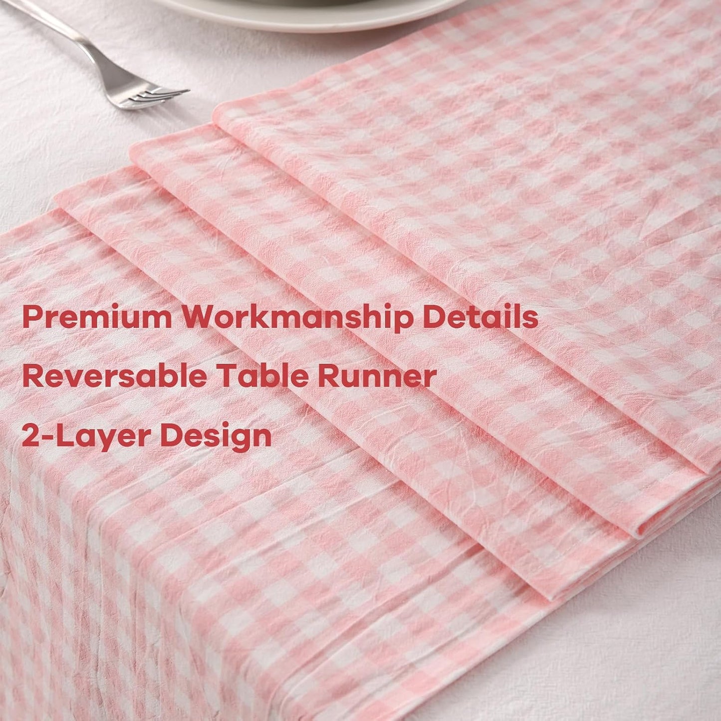 Peachy Blush White Plaid Gingham Ruffle Table Runner 108 inches Long 100% Washed Cotton Decorative Farmhouse Cabinet Cover (Blush, 108"x13")