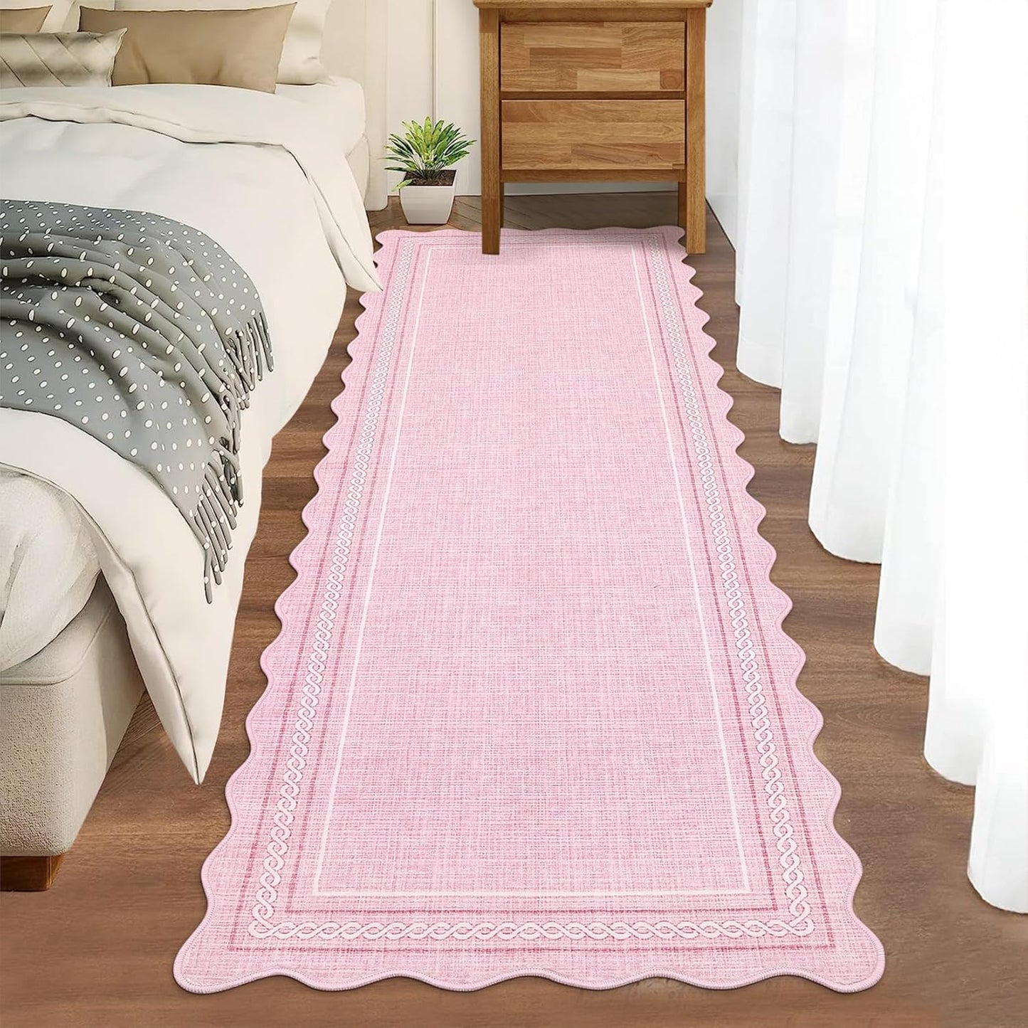 GarveeHome Scalloped Washable Rugs 2x6 Hallway Runner Non Slip Kitchen Rugs Soft Non Shedding Low Pile Entryway Rug Stain Resistant Carpet for Bath Laundry Room, Pink