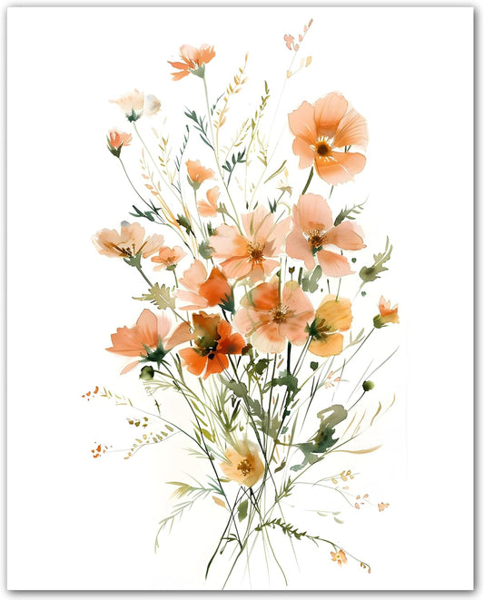 ZUKIY Peach Orange Garden Bouquet - 8x10 Unframed Peach Floral Wall Art Print - Watercolor Botanical Floral Wall Art for Bedroom Bathroom Hallway Office or Guest Room - Soft Cottagecore Decor Poster