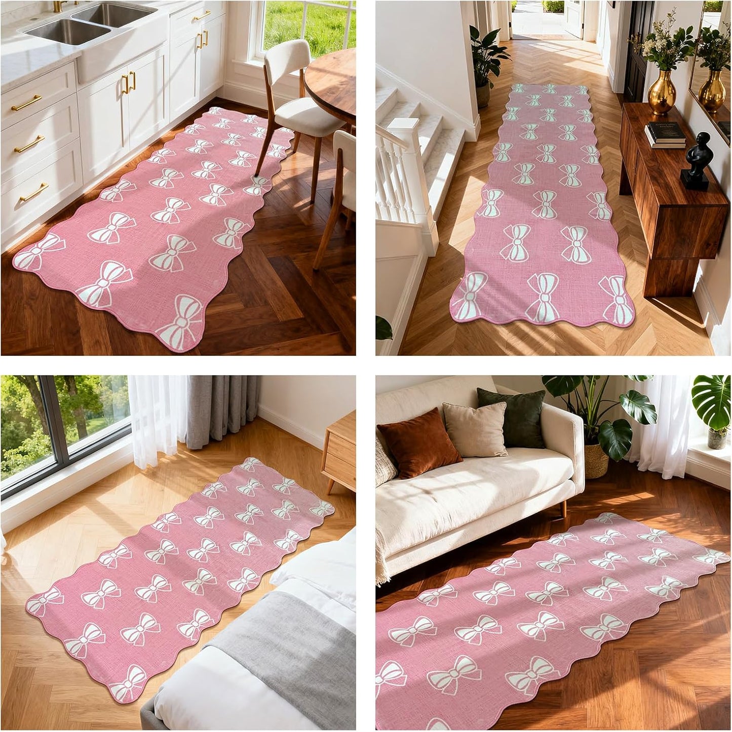 Pink Bow 2x6 Runner Rug for Hallway Entryway, Washable Cute Scalloped Bedside Rug for Living Room, Soft Low Pile Bowknet Rugs for Girls Bedroom Decor, Non Slip Carpet for Dorm Playroom Kitchen