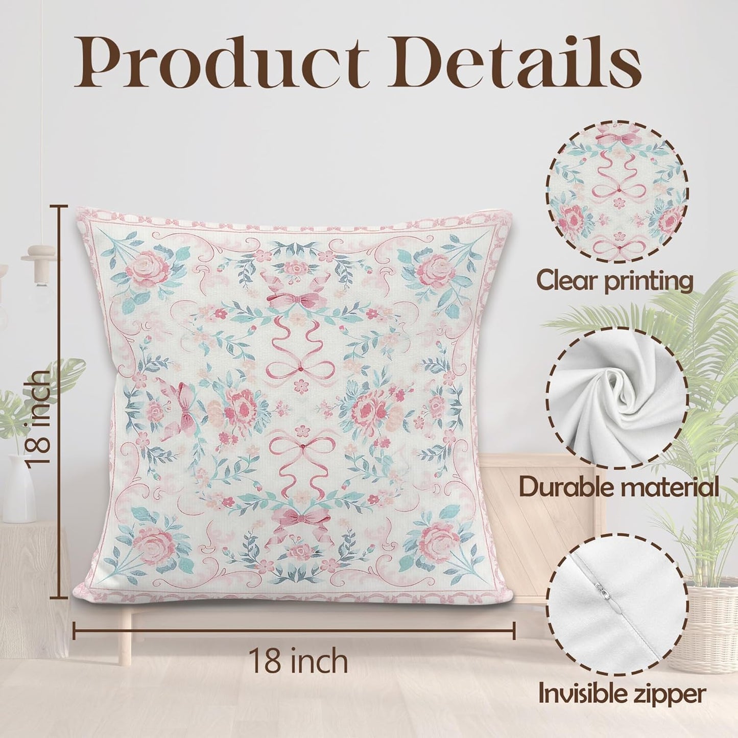Pink Coquette Bow Floral Throw Pillow Cover, Grandmillennial Retro Flower Botanical Decorative Pillowcases Cushion Cases for Home Girly Room Bedroom Decor, 18x18 Pillow Covers