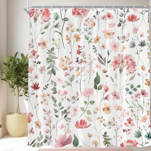 Pink Blush Coral Flower Floral 72Wx78H Shower Curtain Peach Pink Flower Watercolor Blush Pink Cute Wildflower Butterfly Spring Bathroom Curtain Set Woman Girly Bath Bathroom Accessories Decor