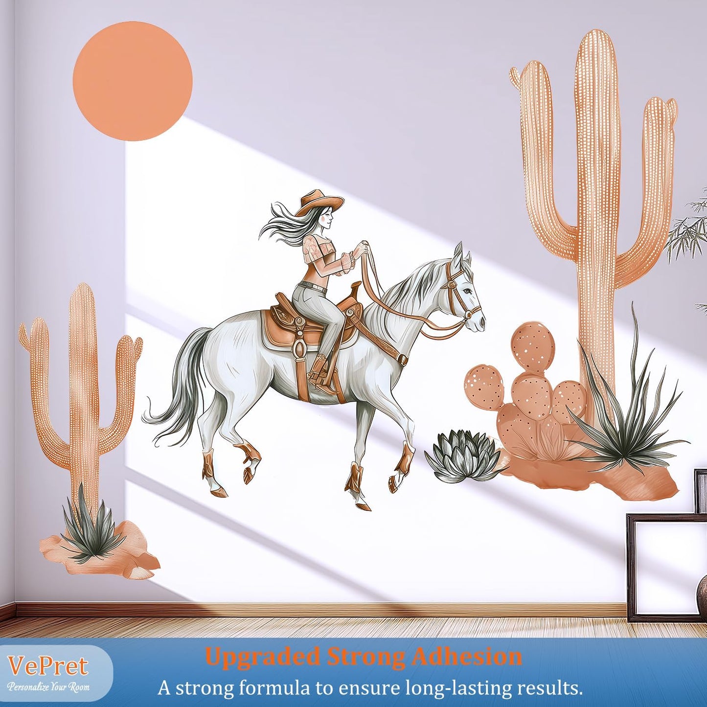 Cowgirl Horse Wall Decals Peel and Stick - Boho Cactus Sun Western Girl Riding Horse Vinyl Sticker Mural for Kids Room, Nursery, Bedroom - Desert Safari Animal Theme Removable Wall Art Mural