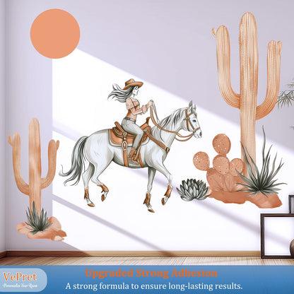 Cowgirl Horse Wall Decals Peel and Stick - Boho Cactus Sun Western Girl Riding Horse Vinyl Sticker Mural for Kids Room, Nursery, Bedroom - Desert Safari Animal Theme Removable Wall Art Mural
