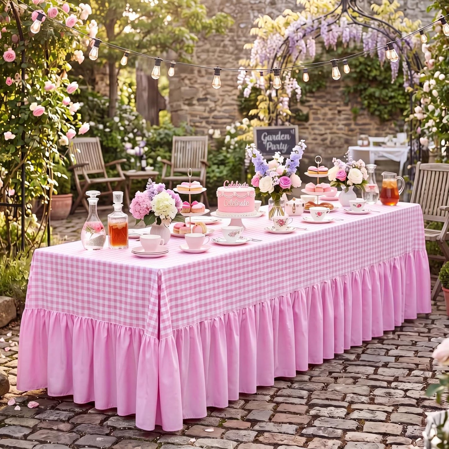 Pink Gingham Tablecloth with Ruffle Table Skirt for Seat 8-10, 132 x 90'' Fabric Plaid Checkered Scalloped Tablecover, Rectangle Picnic Party Decor Tablecloth for Wedding Baby Shower (Gingham)