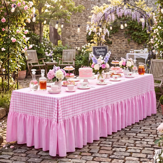 Pink Gingham Tablecloth with Ruffle Table Skirt for Seat 8-10, 132 x 90'' Fabric Plaid Checkered Scalloped Tablecover, Rectangle Picnic Party Decor Tablecloth for Wedding Baby Shower (Gingham)