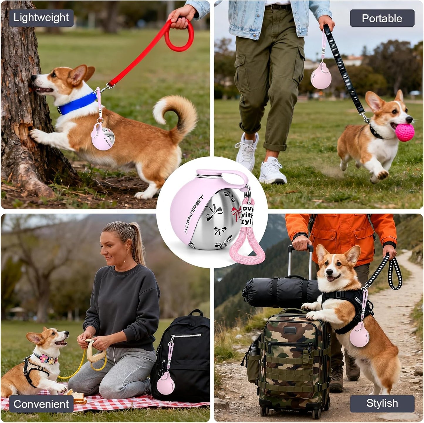 Portable Dog Water Bottle 10oz Stainless Steel Travel Dog Water Dispenser with Bowl No-Spill Puppy Water Bottle for Walking Hiking Small Dog Water Bottle (Pink Bow Print)