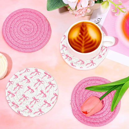 Whaline Pink Bow Coasters Handmade Braided Cotton Coasters Round Absorbent Bowknot Coquette Drink Mats for Mother's Day Valentine Birthday Wedding Baby Shower Party Home Office Table Decor, Set of 4