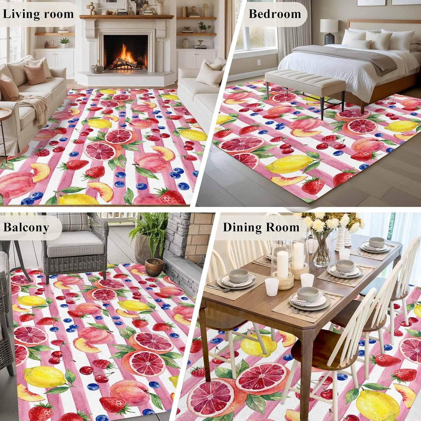 5x8ft Washable Area Rug,Fluffy Large Carpet Summer Peach Lemon Grapefruit Soft Indoor Rugs Non-Slip Accent Floor Mat for Living Room Bedroom Office Decor,Blueberry Strawberry Pink Stripe