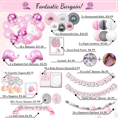 697 Pc Pink Elephant Baby Shower Decorations for Girl - Premium Set | Includes It's a Girl banner, elephant garland, guest book, sash, cake toppers, balloons, napkins, straws, fans & games