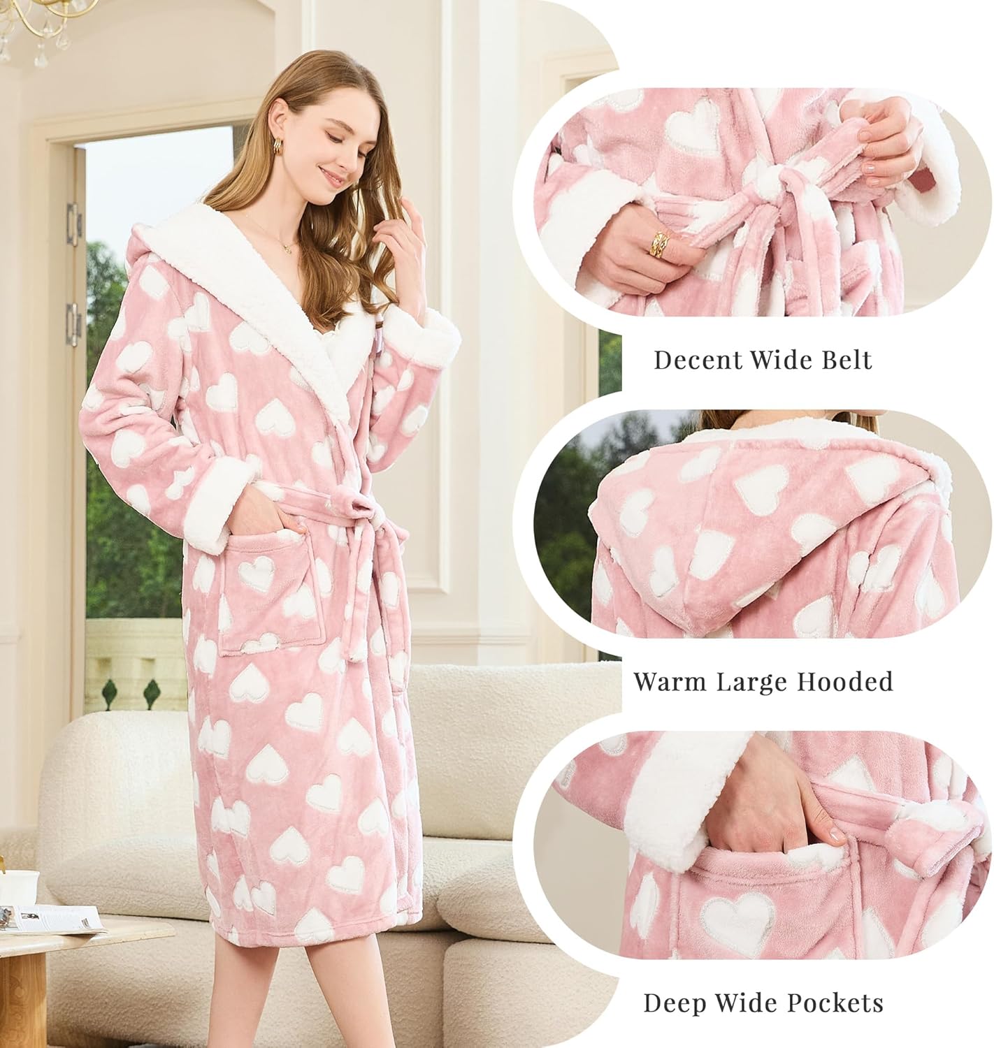 HEARTNICE Womens Flannel Hooded Robes, Soft Warm Long Printed Fluffy Women Bathrobe with Pockets for Shower House Loungewear