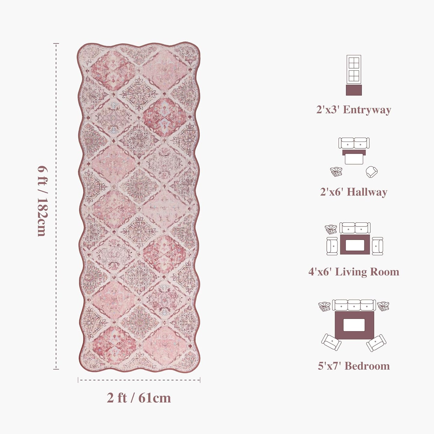 Moroccan 2x6 Runner Rug for Hallways, Unique Scalloped Ultra-Thin Soft Washable Rug, Non-Slip Stain Resistant Lightweight Low-Pile Carpet for Living Room Bedroom Dining Room Office (Pink)