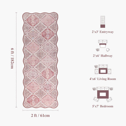 Moroccan 2x6 Runner Rug for Hallways, Unique Scalloped Ultra-Thin Soft Washable Rug, Non-Slip Stain Resistant Lightweight Low-Pile Carpet for Living Room Bedroom Dining Room Office (Pink)