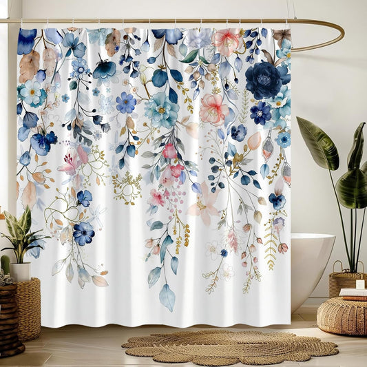 Navy Blue Pink Floral Shower Curtain Blue and Pink Watercolor Flower Eucalyptus Leaves Rustic Farmhouse Plant 70" WX70 H Bathroom Fabric Curtain with Hooks