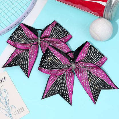 DEEKA 6PCS 8" Large Glitter Pink and Black Cheer Bows Two Toned Rhinestones Stiff Cheer Hair Bows Elastic Band Competition Bows for Cheerleader Team Girls Sports -Pink/Black