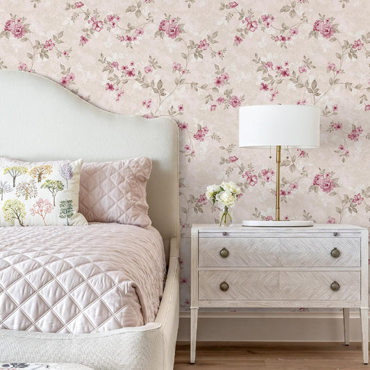 VEELIKE Cottage Floral Peel and Stick Wallpaper Vintage Cream Pink Flower Wallpaper for Bedroom Girls Room 17.7''x118'' Self Adhesive Removable Wall Paper Floral Contact Paper for Cabinets Shelves