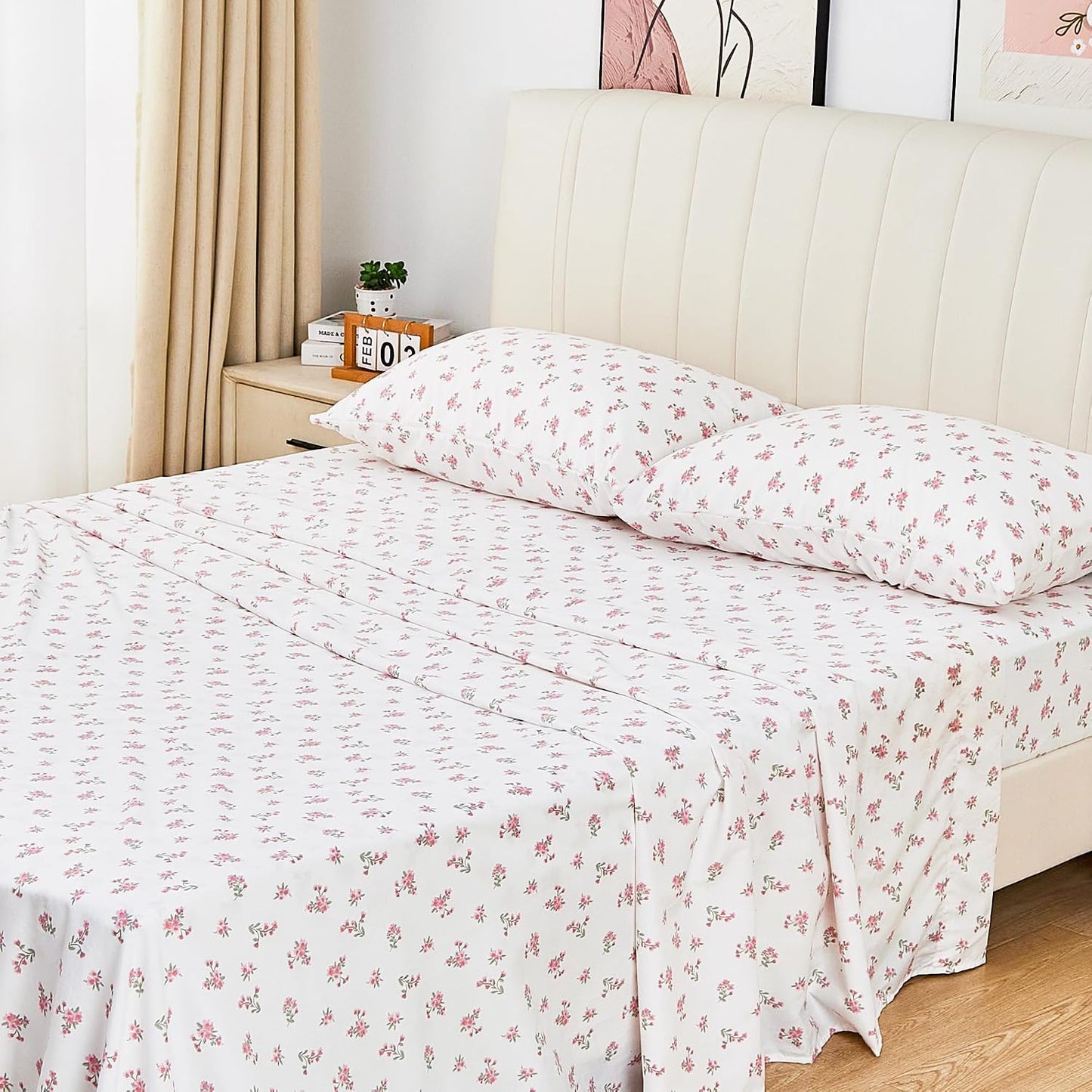 Queen Size Pink Floral Bed Sheet Set, 8-Piece 100% Microfiber Sheets, Ultra Soft Deep Pocket up to 16 Inch with 4 Corner Straps, Oeko-TEX Certified Wrinkle-Free Bedding (Pink, Queen)