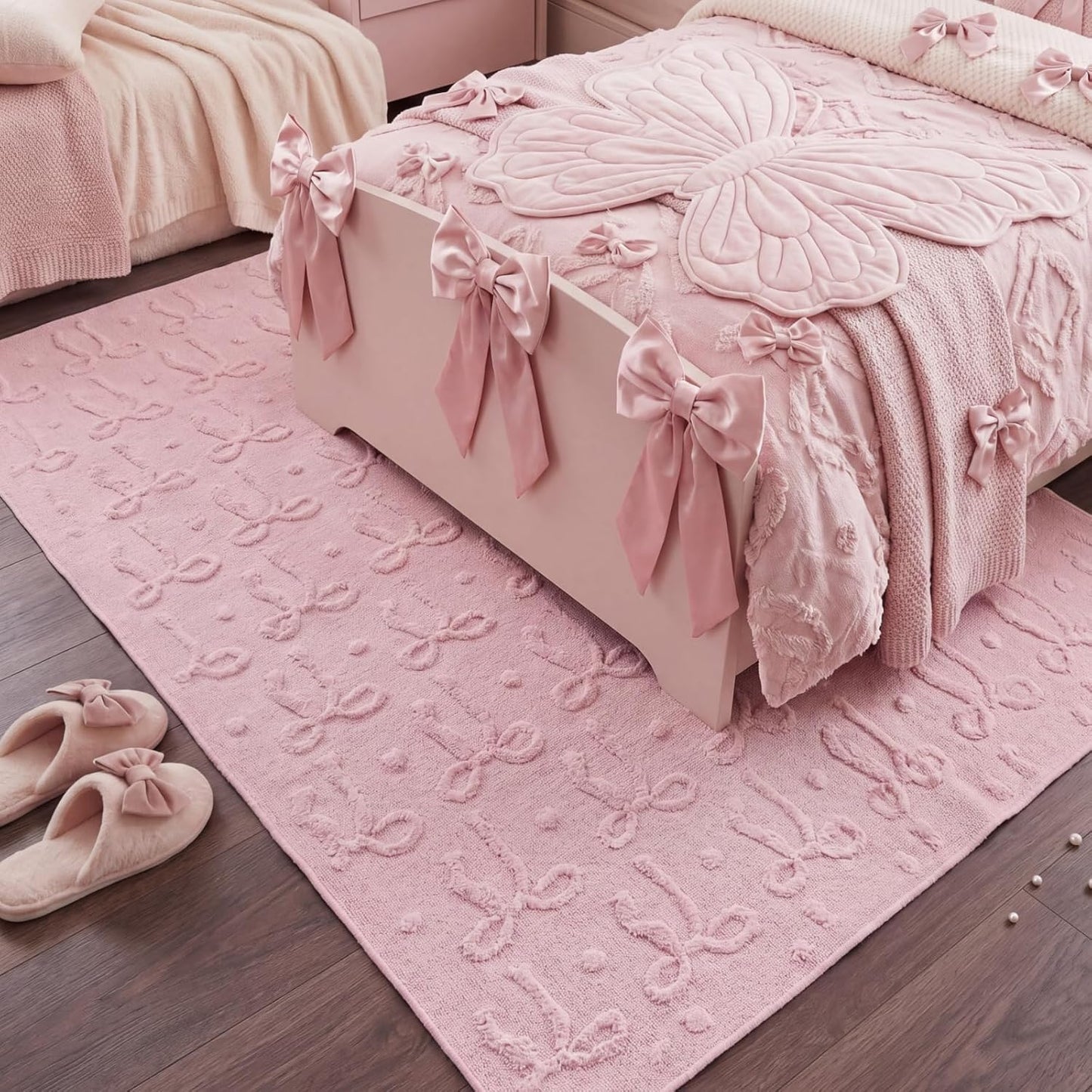 Pink Bow Area Rugs 4 x 6 ft Cute Sweet Throw Rugs Pink Plush Faux Fur Aesthetic Soft Bedroom Carpet for Living Room Dining Playroom Nursery Family Indoor Dorm