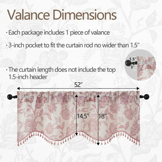 Scalloped Valance for Windows - Faux Linen Floral Printed Valance with Tassels, Light Filtering Farmhouse Flower Short Curtain for Bathroom Bedroom, 1 Piece, 52Wx18L Inches, Blush Pink