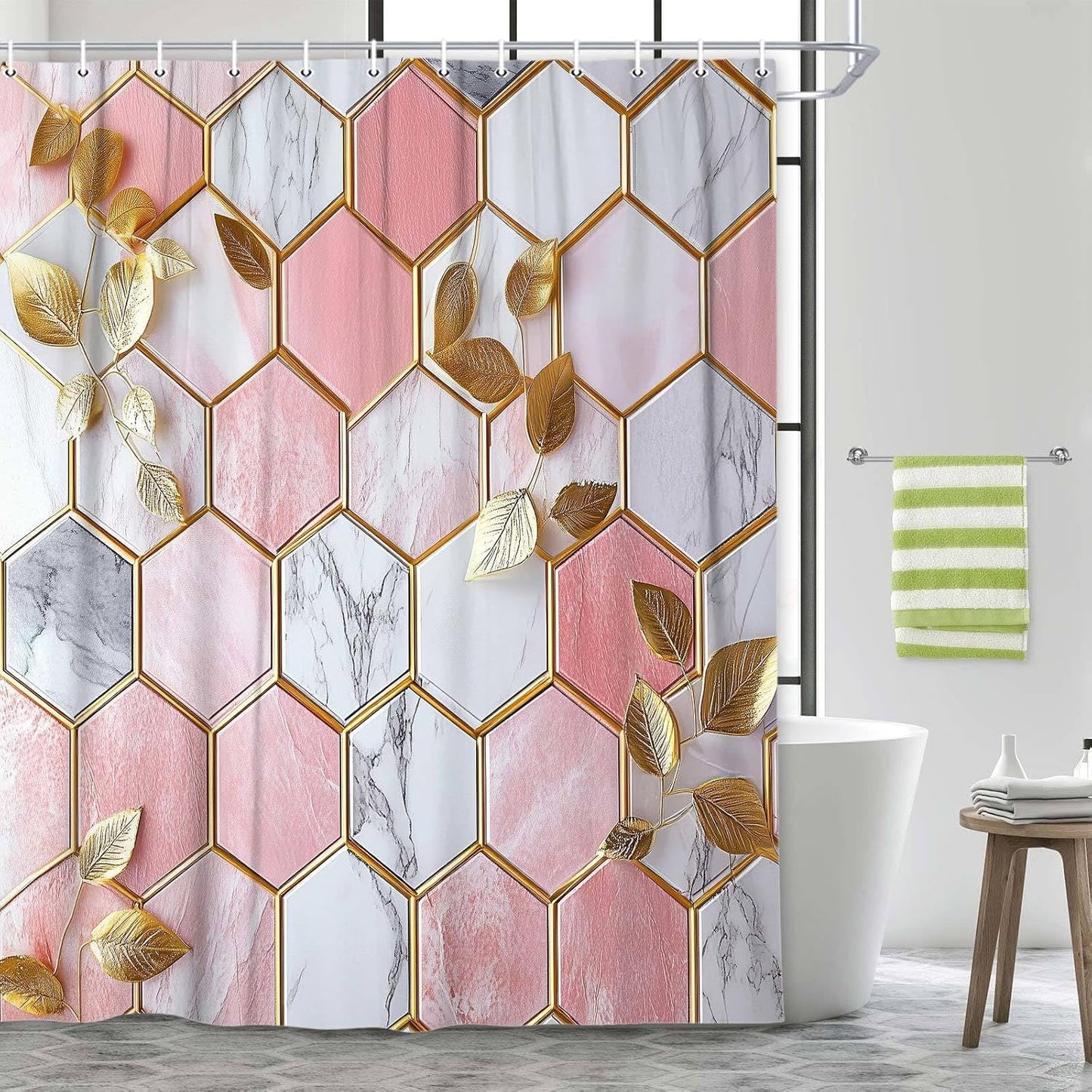 JAWO Pink Shower Curtain, Modern Abstract Geometric Shower Curtains for Bathroom Decor, Gold Leaves Waterproof Polyester Fabric Shower Curtain with 12 Hooks, 36x72
